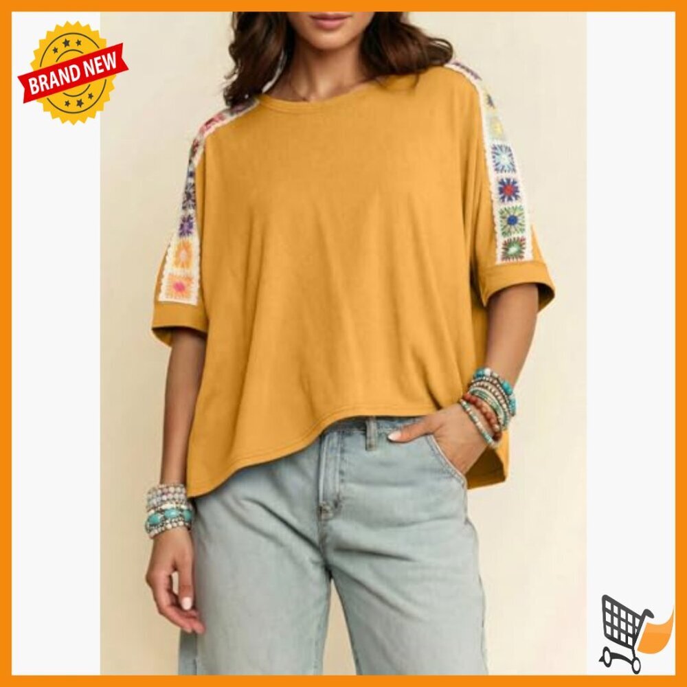 Oversized Embroidered Summer Blouse Casual Beach Vacation Top - Picture 2 of 7